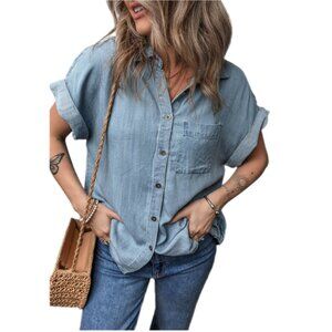 💙 Dusk Blue Rolled Sleeve Denim Button-Up Shirt – Size M
